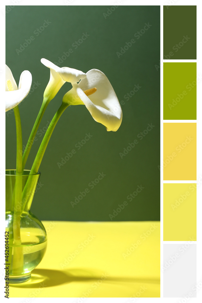 Vase with beautiful calla lilies on table. Different color patterns