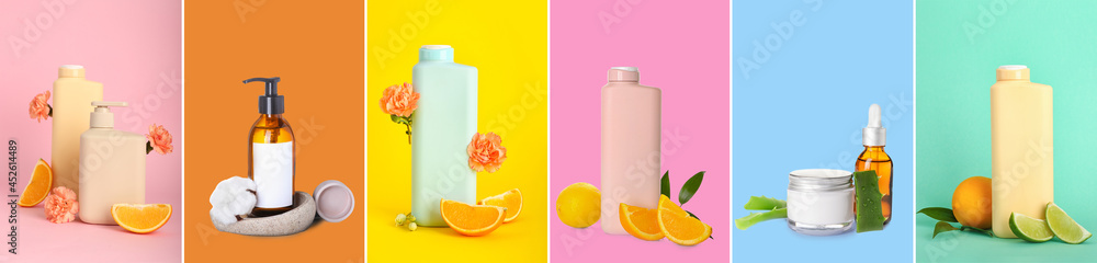 Set of natural cosmetics on color background