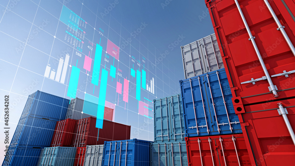 Container cargo for import export business and digital stock market chart , 3d rendering