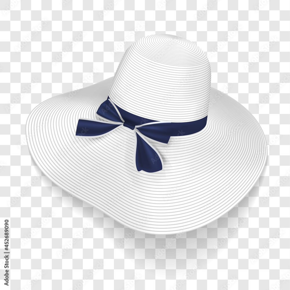 White wide-brimmed hat with blue bow isolated vector illustration
