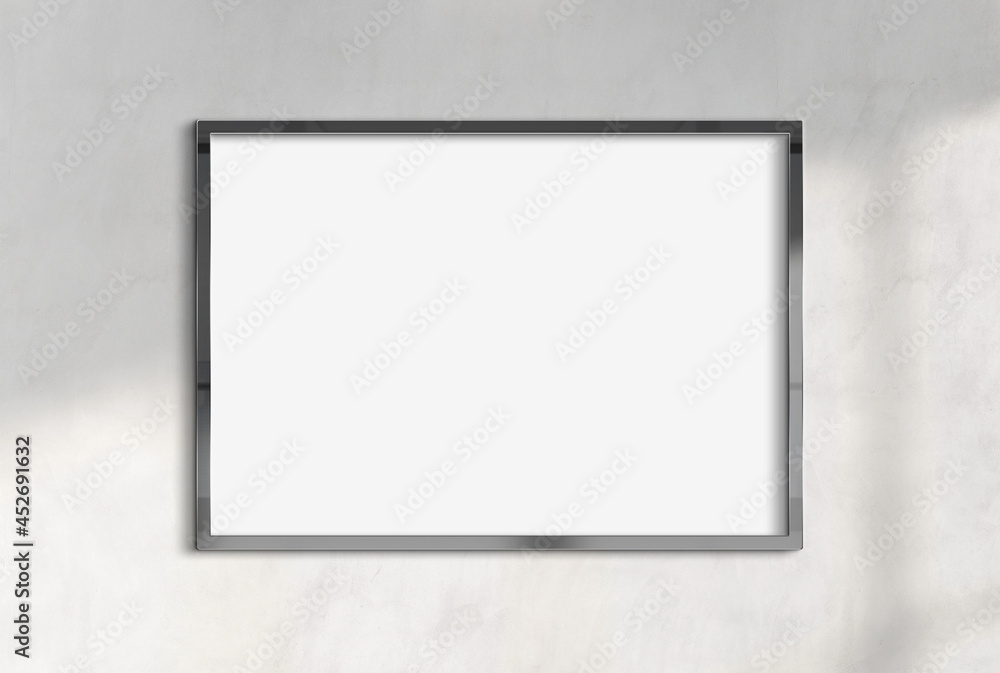 Billboard hanging on a sunlit wall mockup. Template of frame bathed in sunlight 3D rendering