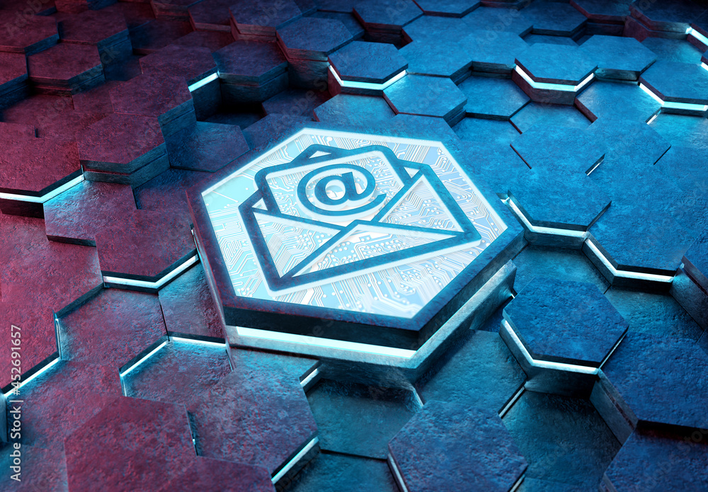 Email icon concept engraved on hexagonal pedestral background. Mail Logo glowing on abstract digital