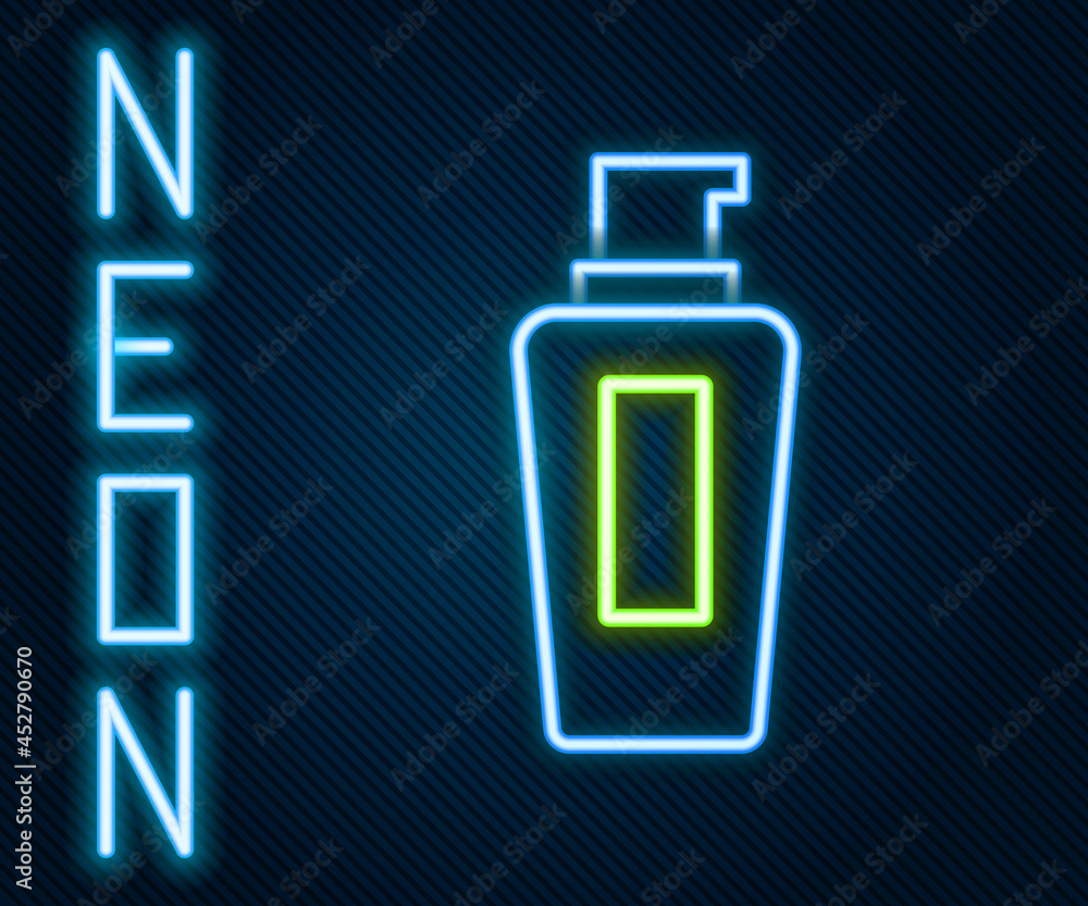 Glowing neon line Bottle of shampoo icon isolated on black background. Colorful outline concept. Vec