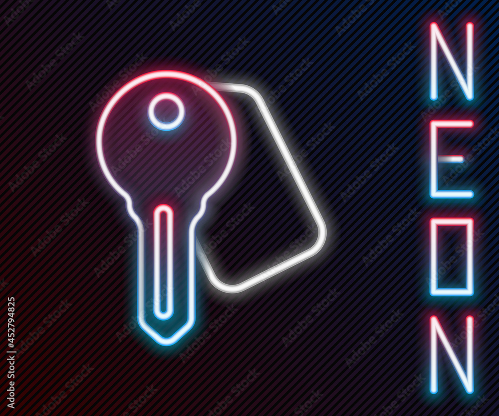 Glowing neon line Hotel door lock key icon isolated on black background. Colorful outline concept. V