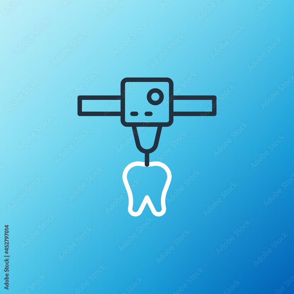 Line 3D printer tooth icon isolated on blue background. 3d printing. Colorful outline concept. Vecto