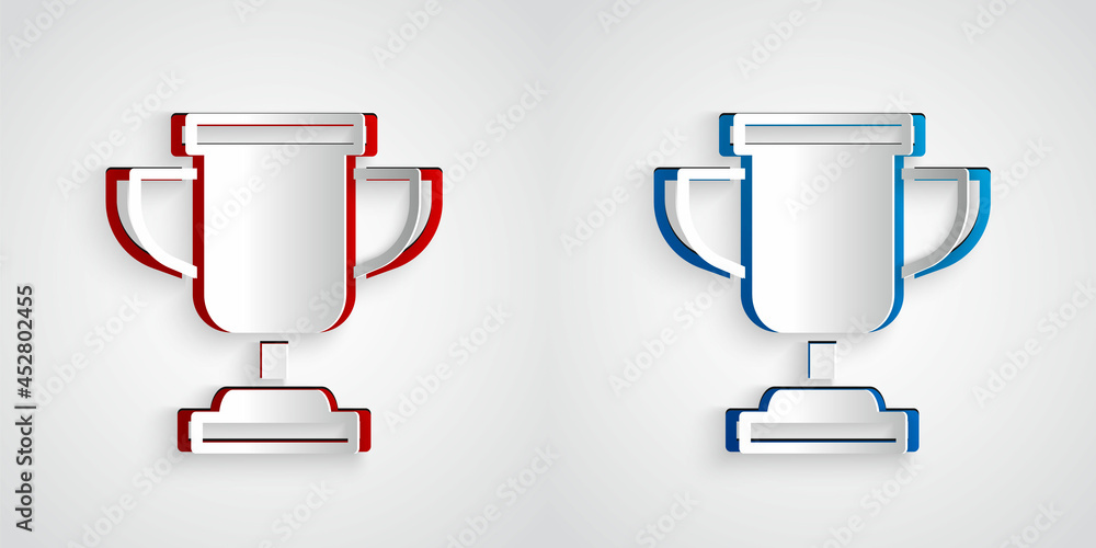 Paper cut Award cup icon isolated on grey background. Winner trophy symbol. Championship or competit