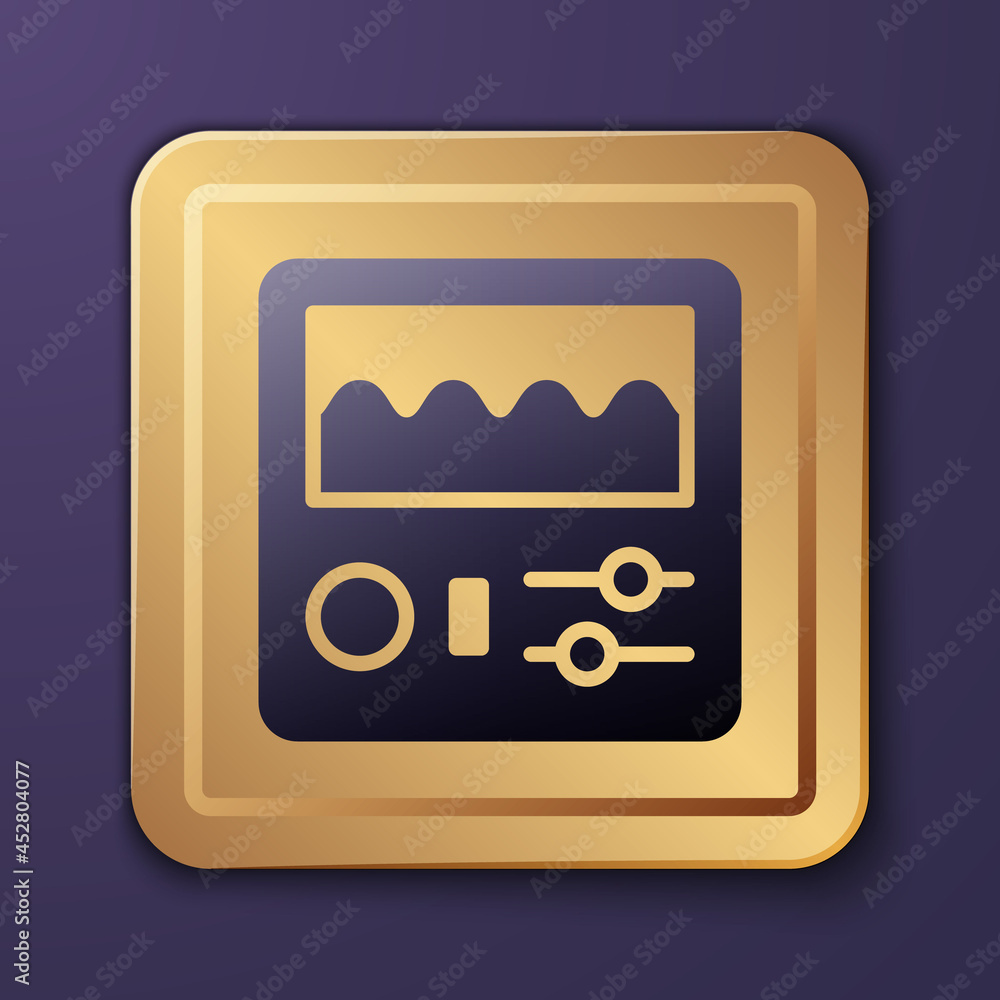 Purple Drum machine icon isolated on purple background. Musical equipment. Gold square button. Vecto