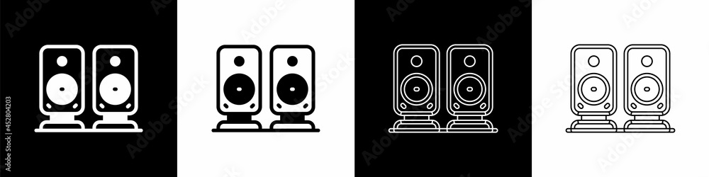 Set Stereo speaker icon isolated on black and white background. Sound system speakers. Music icon. M