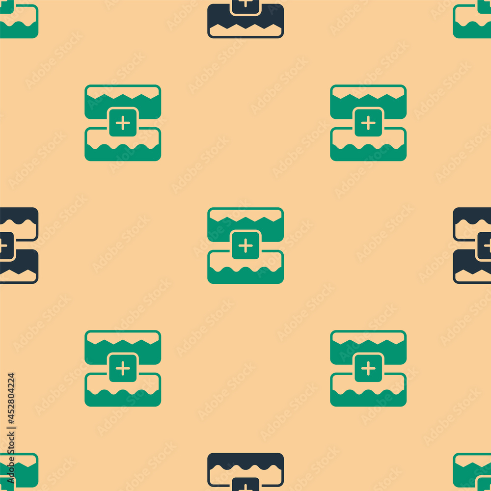 Green and black Music wave equalizer icon isolated seamless pattern on beige background. Sound wave.