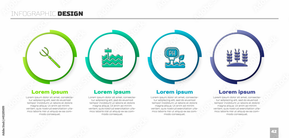 设置花园干草叉、床、土壤ph测试和小麦。商业信息图模板。矢量