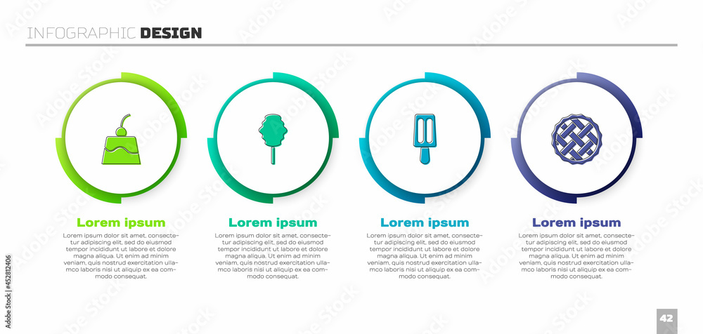 套装布丁奶油冻、棉花糖、冰淇淋和自制馅饼。商业信息图模板。矢量