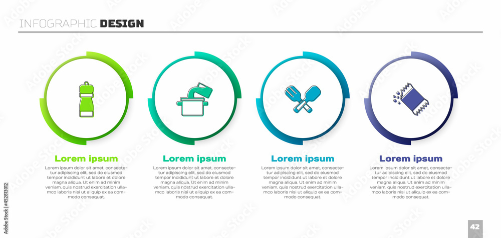 Set Pepper, Cooking pot, Crossed fork and spoon and Packet of pepper. Business infographic template.