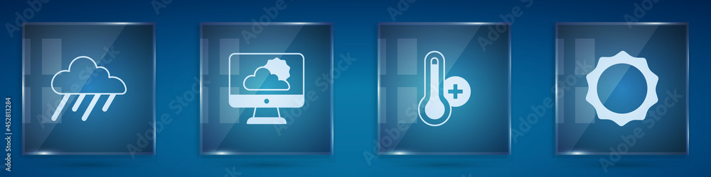 Set Cloud with rain, Weather forecast, Meteorology thermometer and Sun. Square glass panels. Vector