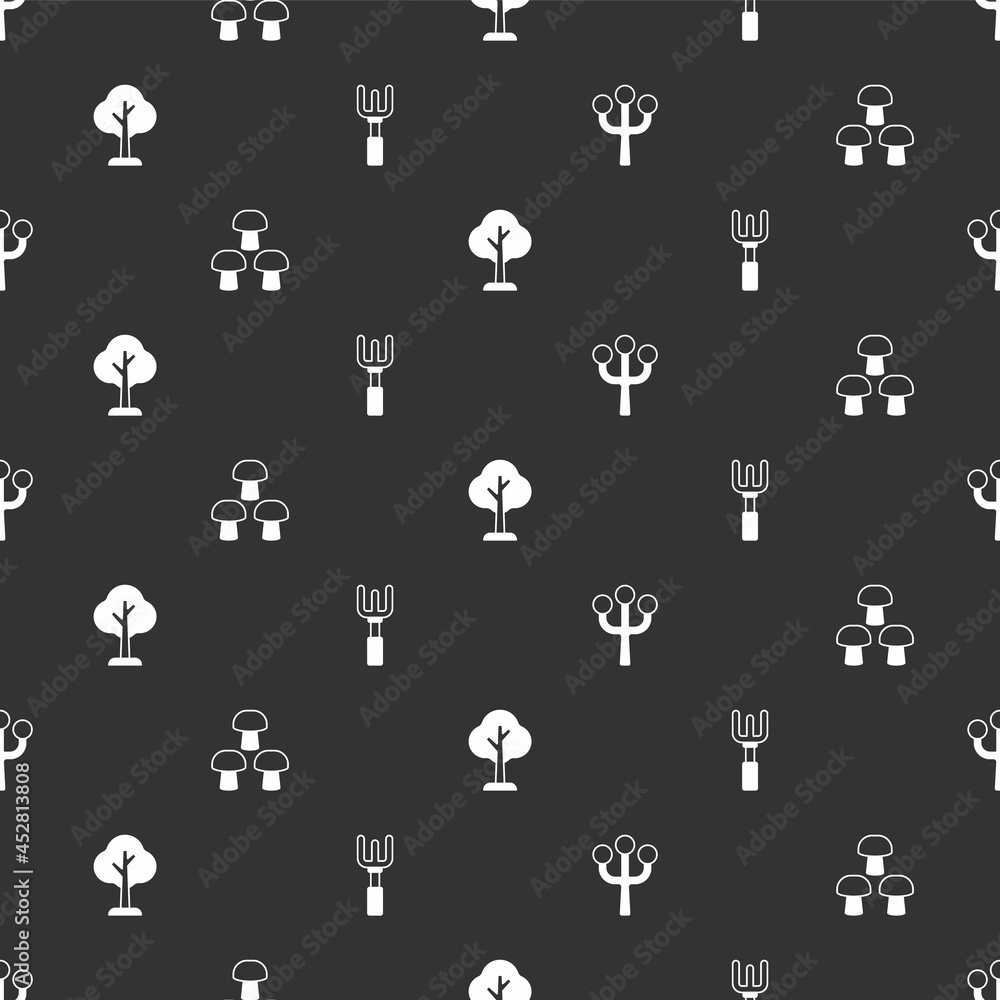 Set Blossom tree branch, Mushroom, Forest and Garden rake on seamless pattern. Vector