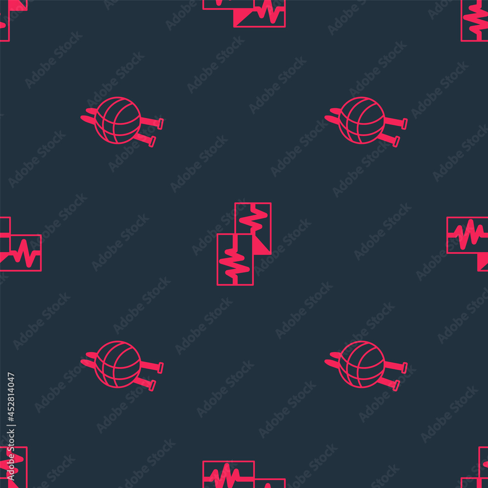 Set Yarn ball with knitting needles and Monitor cardiogram on seamless pattern. Vector