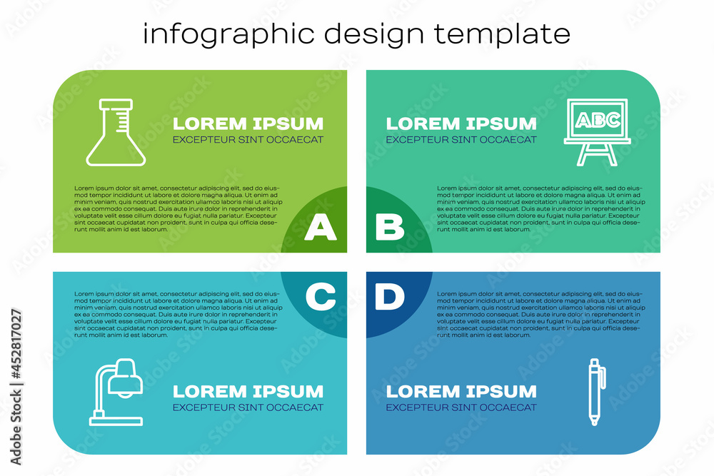 设置行台灯、试管和烧瓶、笔和黑板。商业信息图模板。矢量