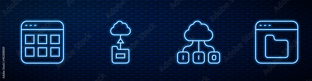 设置行云技术数据传输、浏览器文件和砖墙上的发光霓虹灯图标。Vecto