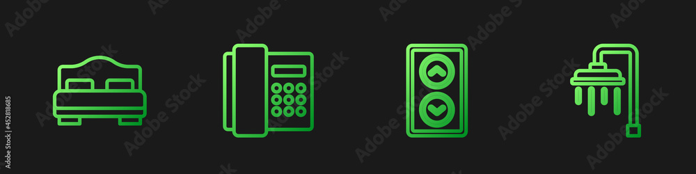 Set line Lift, Hotel room bed, Telephone handset and Shower. Gradient color icons. Vector