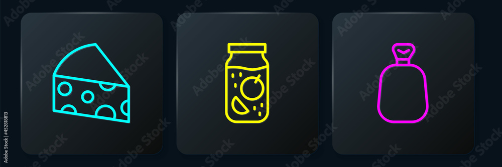 Set line Cheese, Full sack and Jam jar. Black square button. Vector