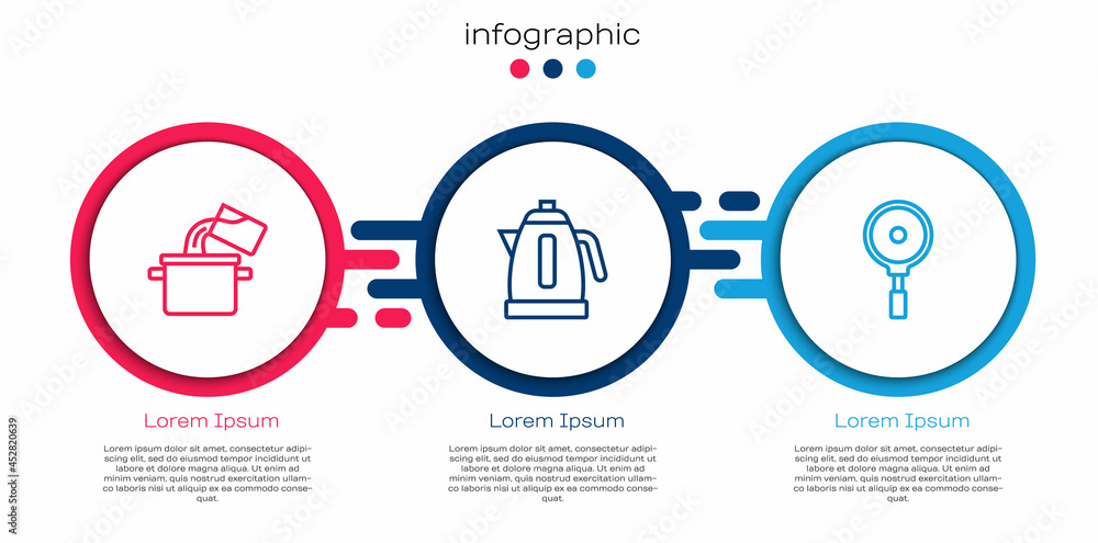 设置线烹饪锅、电热水壶和煎锅。商业信息图模板。矢量