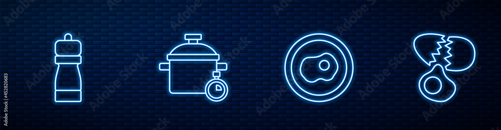设定线炒鸡蛋、胡椒、烹饪锅和破碎。砖墙上闪闪发光的霓虹灯图标。矢量