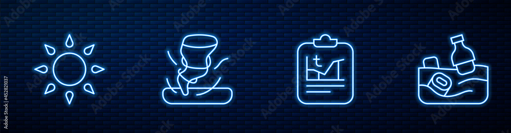 设定全球变暖、太阳、龙卷风和海洋污染问题的界限。砖上闪烁的霓虹灯图标