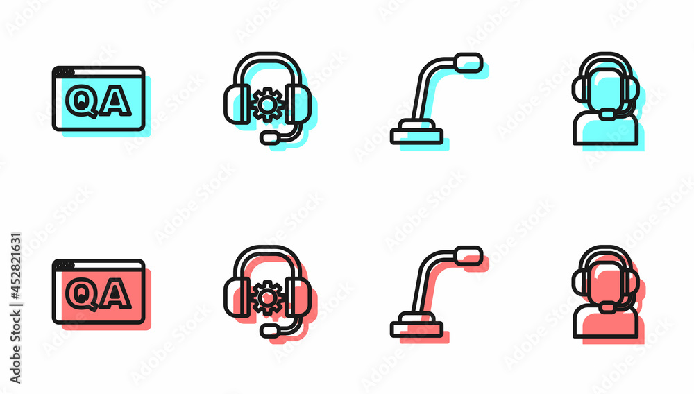 设置线路麦克风、问答、耳机和带耳机图标的人。矢量