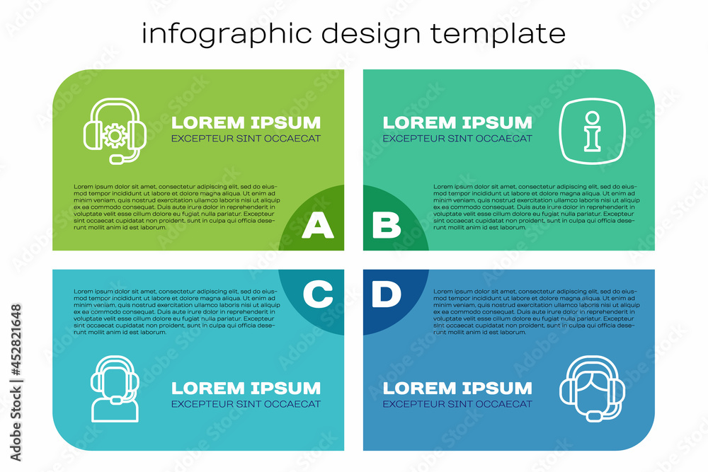 设线男士带耳机，耳机，女士和信息。商业信息图模板。Vecto
