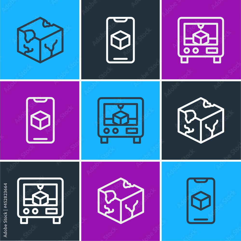 Set line Isometric cube, 3D printer and software icon. Vector