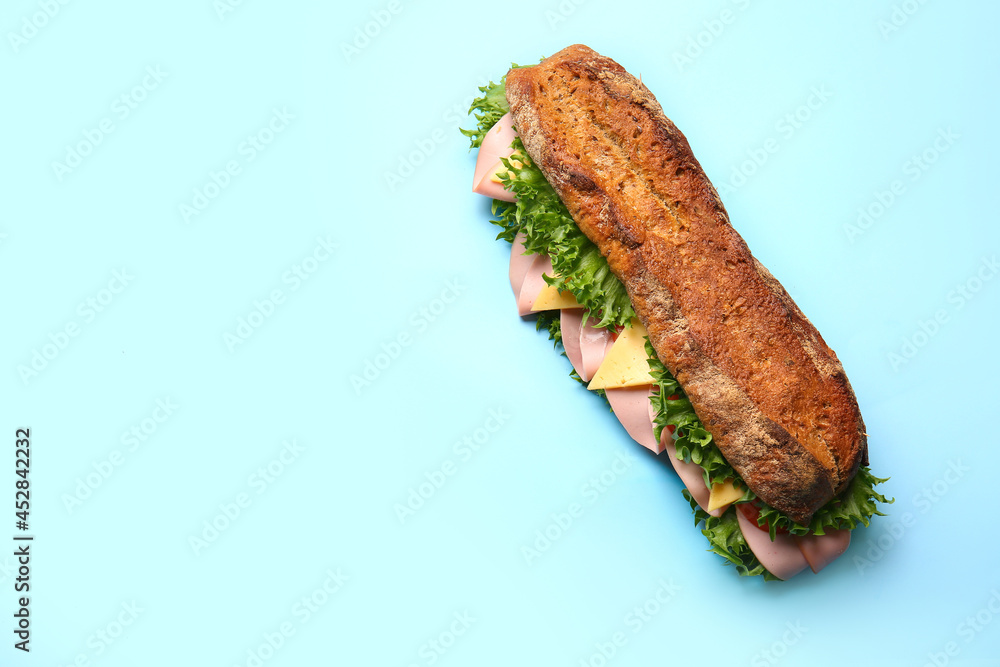 Tasty ciabatta sandwich on color background