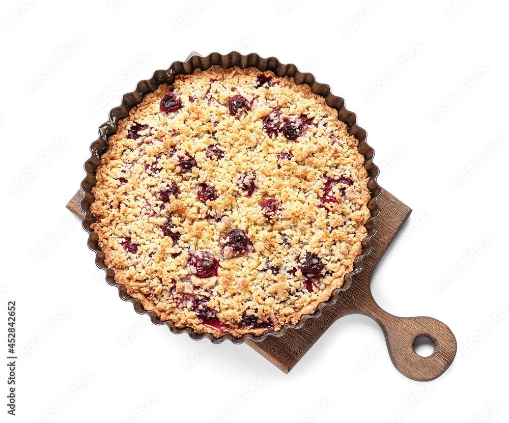 Baking dish with tasty cherry pie on white background