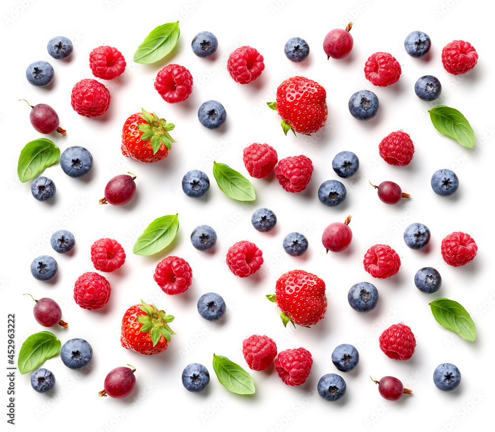 composition of fresh berries and green leaves