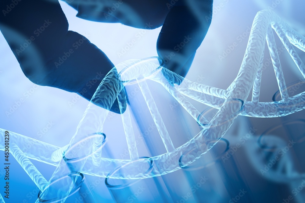 Science laboratory test tubes and DNA structure