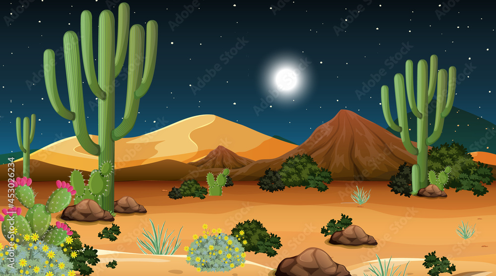 Desert forest landscape at night scene