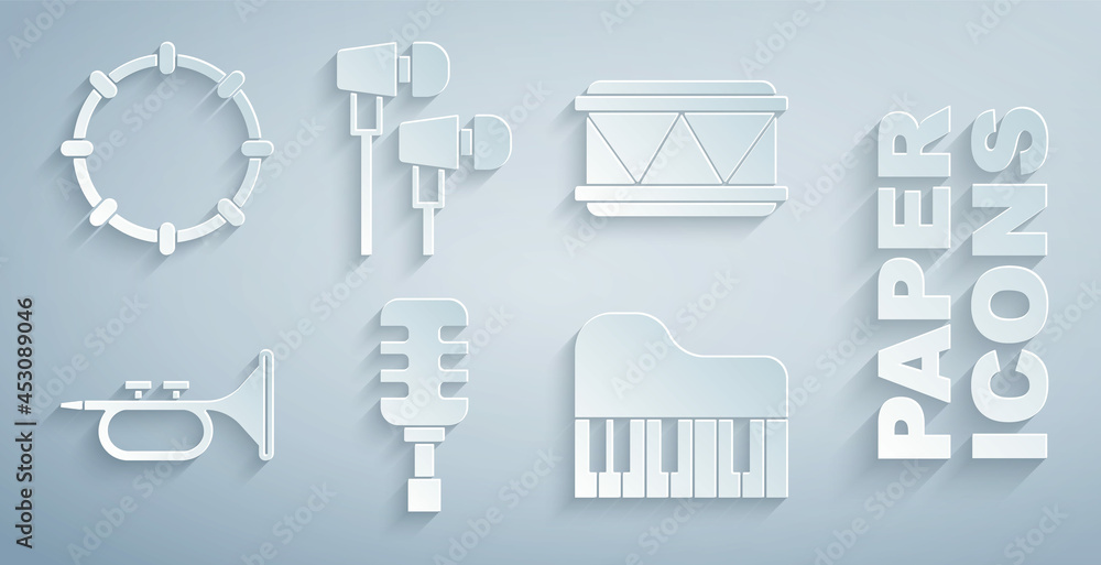 设置麦克风、鼓、小号、大钢琴、空气耳机和铃鼓图标。矢量