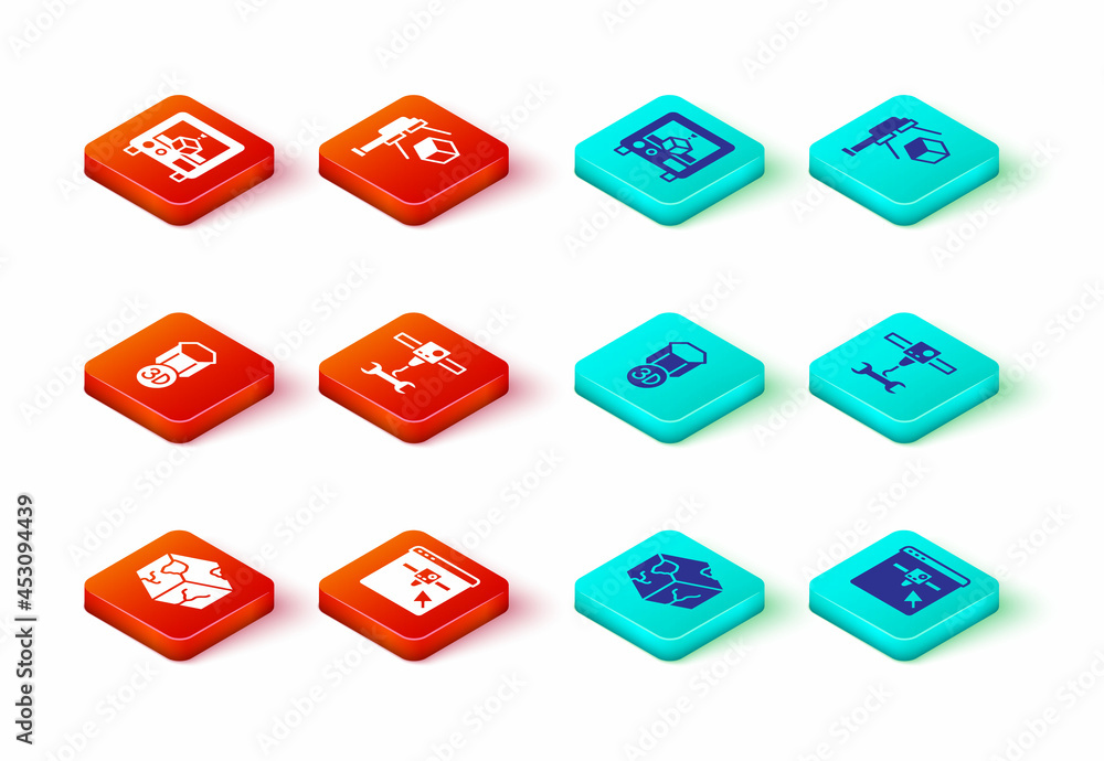 Set Isometric cube, 3D printer setting, wrench spanner, scanner with and icon. Vector