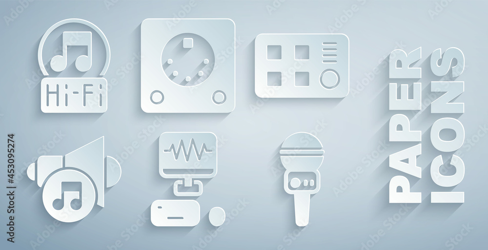 设置音乐录音室、鼓机、扬声器音量、麦克风和音符、音调图标。矢量