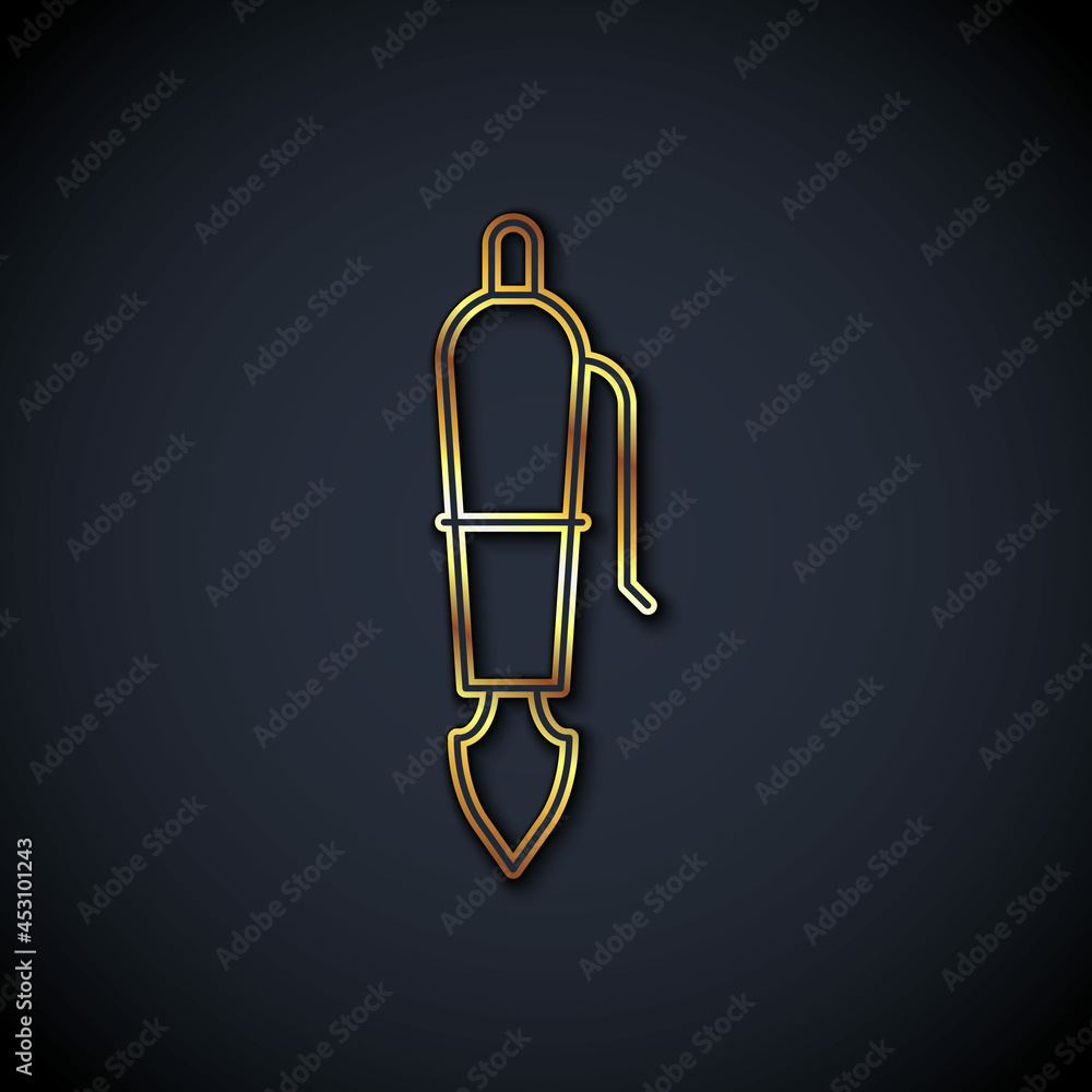 Gold line Fountain pen nib icon isolated on black background. Pen tool sign. Vector