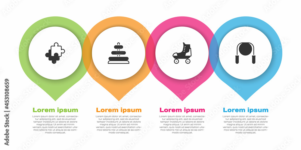 拼图玩具，金字塔，旱冰和跳绳。商业信息图模板。矢量