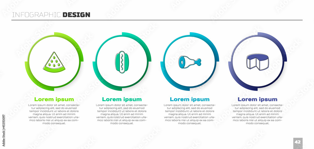 设置西瓜、热狗、鸡腿和奶酪。商业信息图模板。矢量