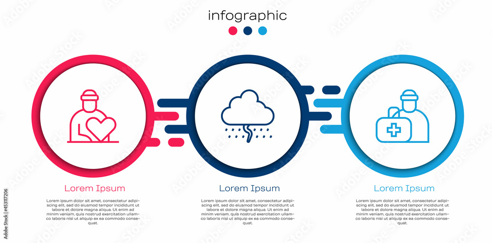 设线志愿者，带雨的云和急救包。商业信息图模板。矢量