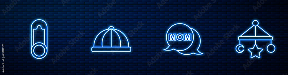 Set line Speech bubble mom, Baby clothes pin, hat and crib hanging toys. Glowing neon icon on brick 