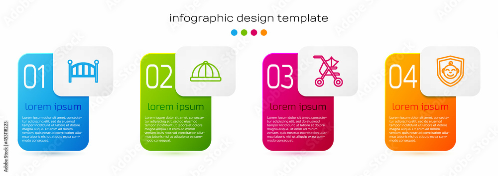 Set line Baby crib cradle bed, hat, stroller and on shield. Business infographic template. Vector