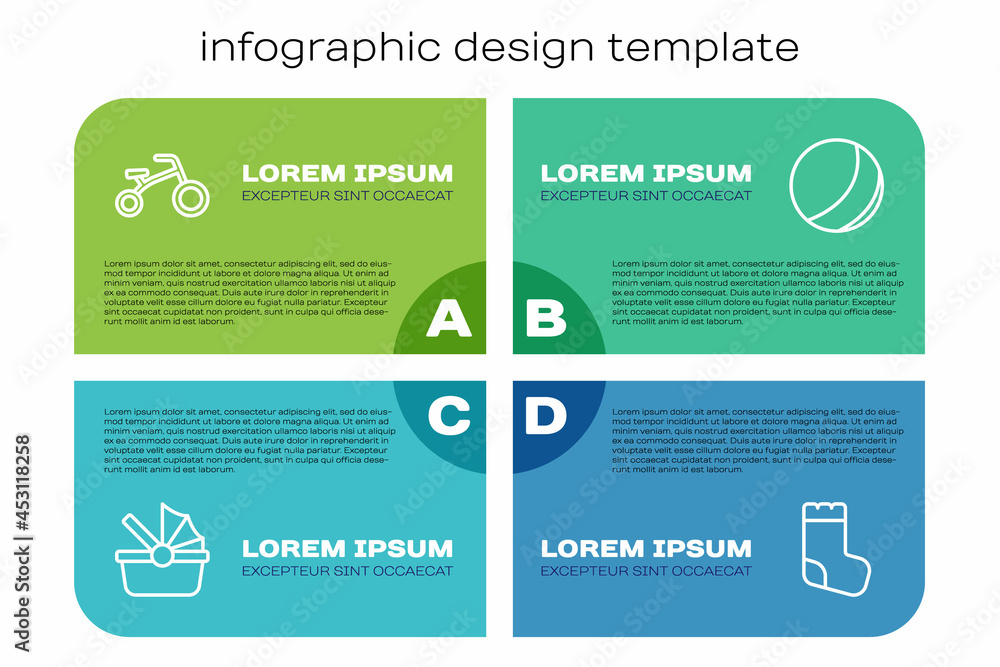 Set line Baby stroller, Bicycle for kids, socks and Beach ball. Business infographic template. Vecto