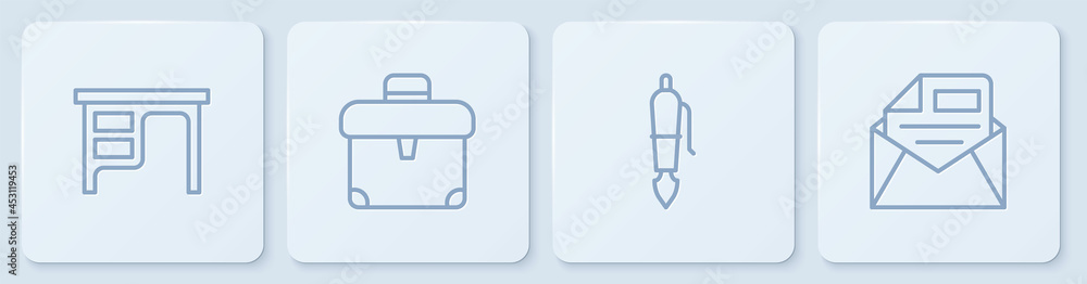 Set line Office desk, Fountain pen nib, Briefcase and Mail and e-mail. White square button. Vector