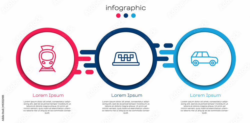 设置线路有轨电车和铁路、出租车车顶和汽车。业务信息图形模板。矢量