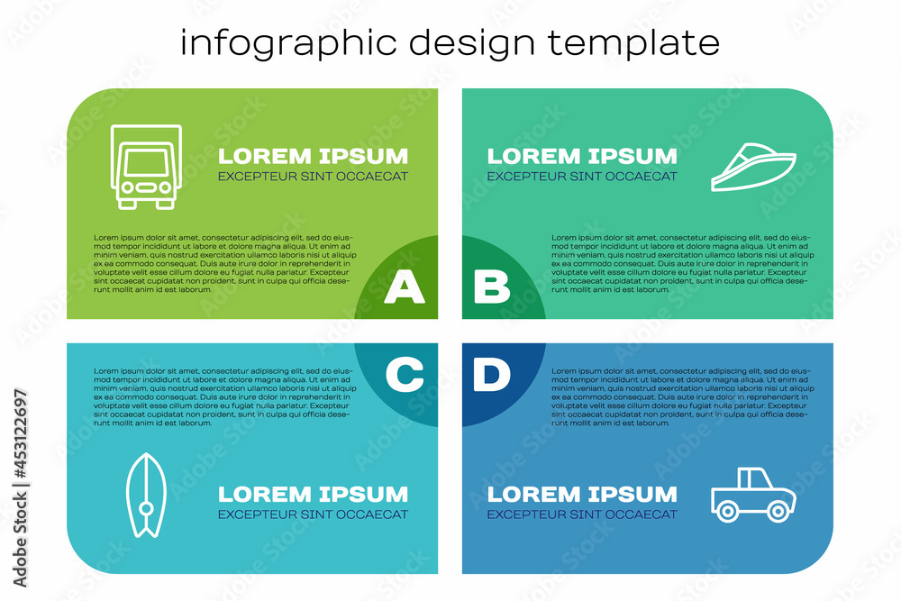 设置线路冲浪板，送货卡车，皮卡和快艇。商业信息图模板。Vecto