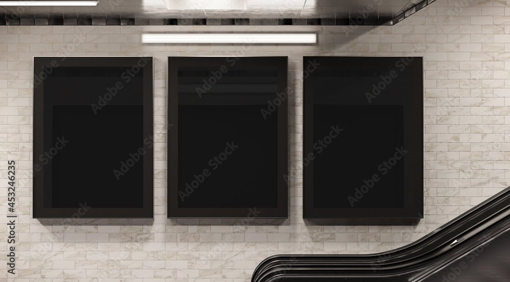 Three vertical billboards on underground wall Mockup. Hoardings advertising triptych on subway wall 