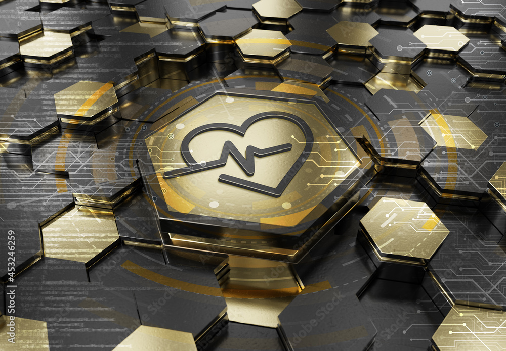 Heartbeat icon concept engraved on gold hexagonal pedestral background. Heart beat symbol glowing on