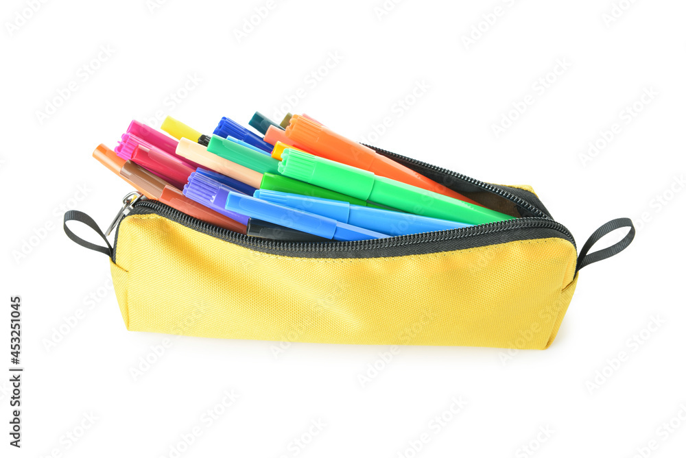 Case with colorful markers on white background